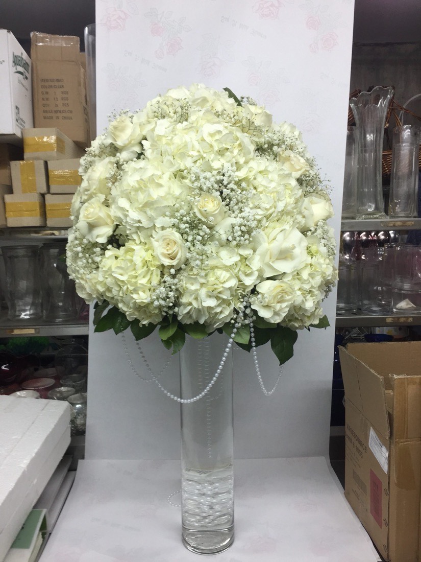 White rose and hydrangea centerpiece made at Tony's Greenery