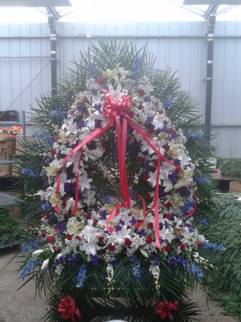 Standing funeral wreath made at Tony's Greenery